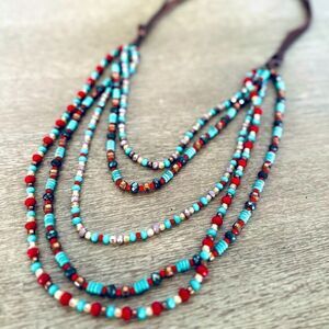 Sparkling Turquoise Red Leather Cord Beaded Statement Necklace